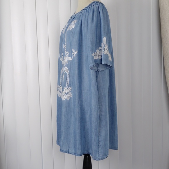 Easel Womens Washed Blue Off-Shoulder Embroidered Tunic Dress. - Picture 2 of 14